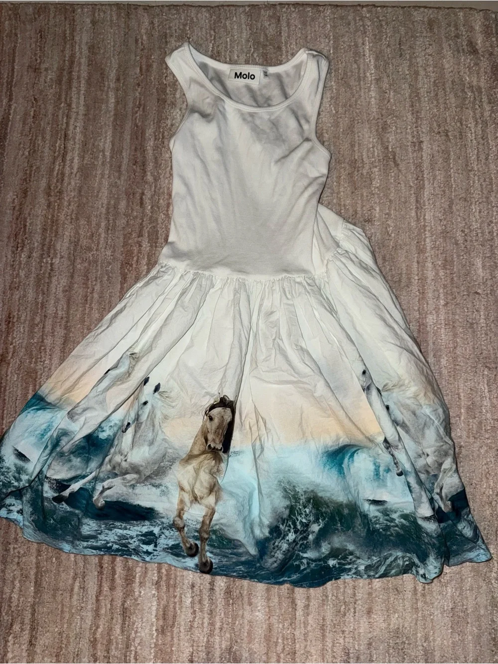 Molo White Dress with Blue and Cream Horse Print